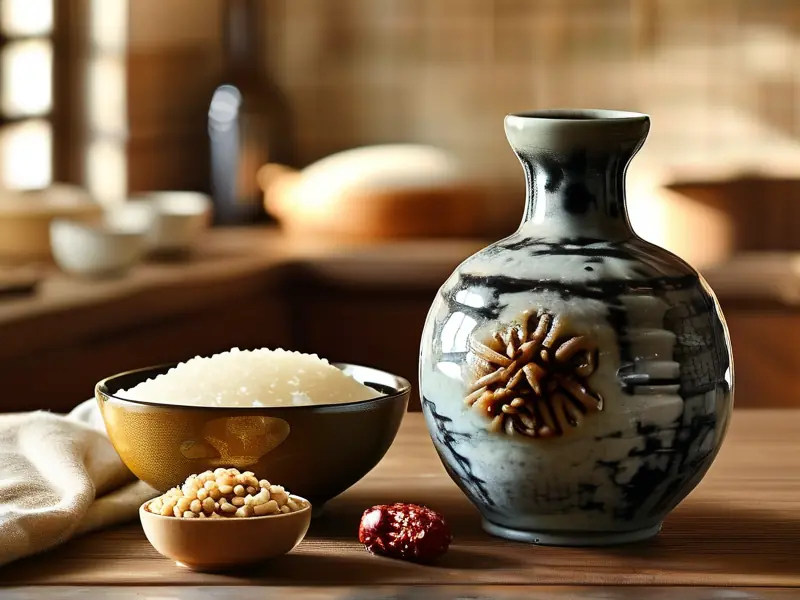 自酿米酒成品展示及原料工具