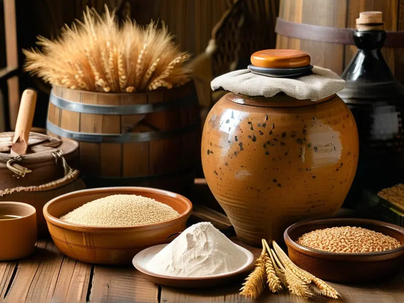 自制酒曲原料与发酵过程实拍图