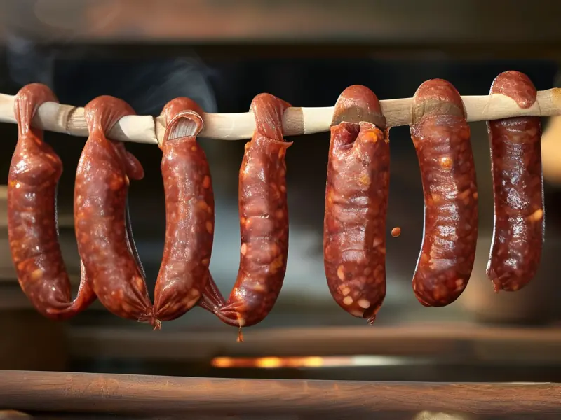 传统腊肠制作过程中加入酒的特写镜头