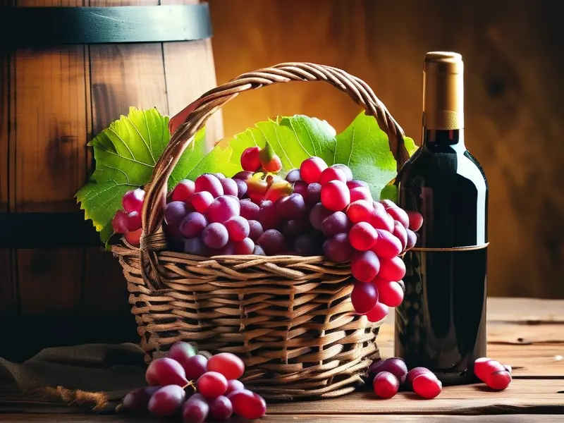 新鲜葡萄和酿酒工具展示