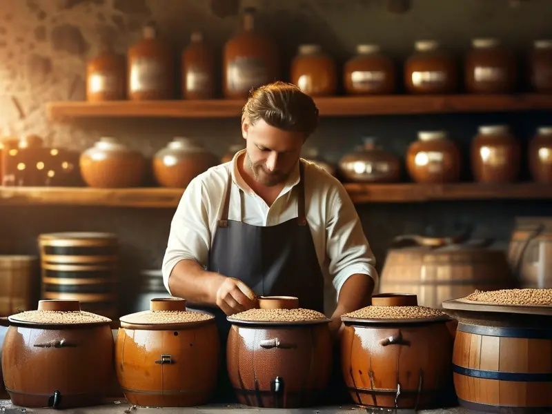 酿酒师在家中制作甜白酒的步骤展示