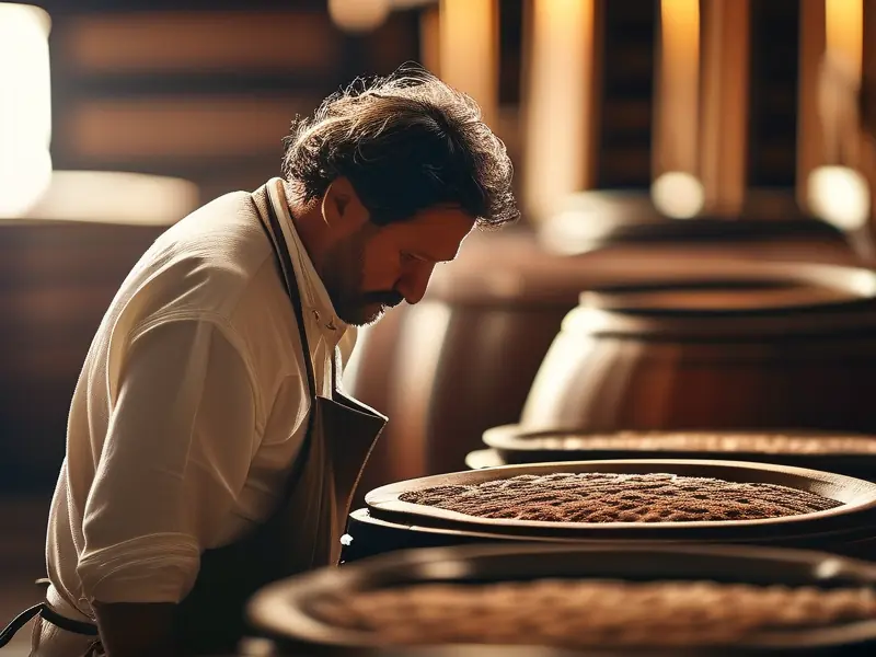 酿酒师检查酒醅的酿造过程