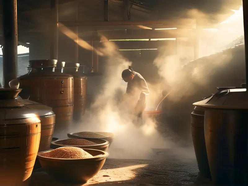 传统白酒酿造过程实拍：粮食蒸煮与发酵场景
