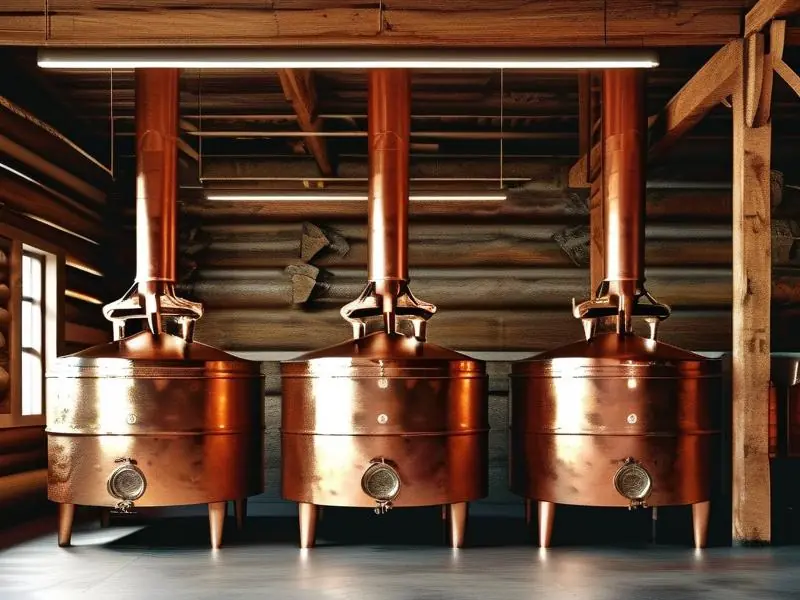 传统白兰地酿造工艺中的铜制蒸馏器与橡木桶