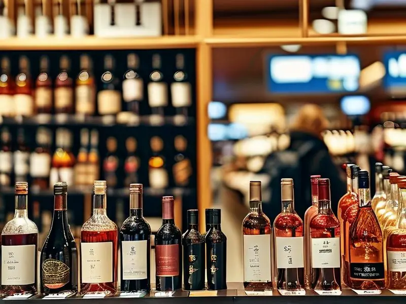 旅客在机场免税店选购酒品