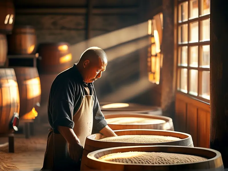 传统酿酒师傅在古法酿酒作坊中工作