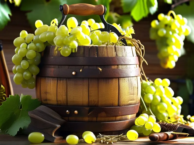 传统葡萄酒酿造过程中葡萄发酵的木桶场景