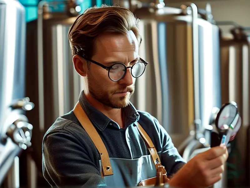 酿酒师检查纯净啤酒发酵过程