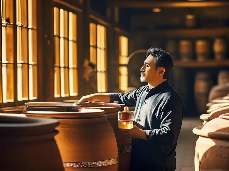 酿酒师检查大成古法酿酒发酵过程