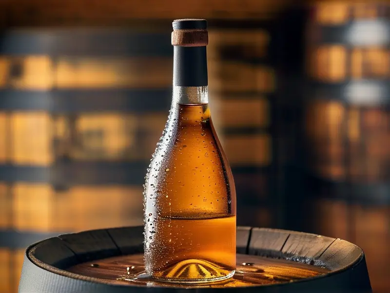 陈年大米白酒在玻璃瓶中呈现琥珀色泽