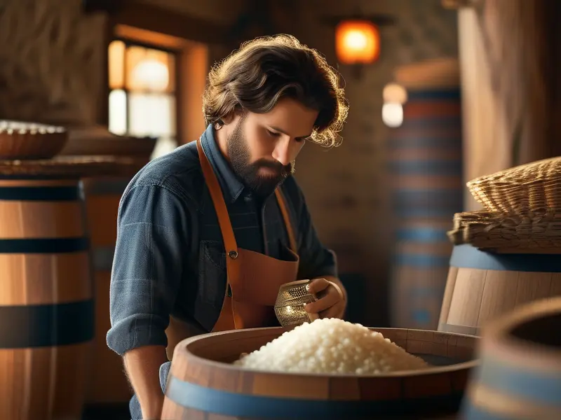 酿酒师检查大米酒发酵过程