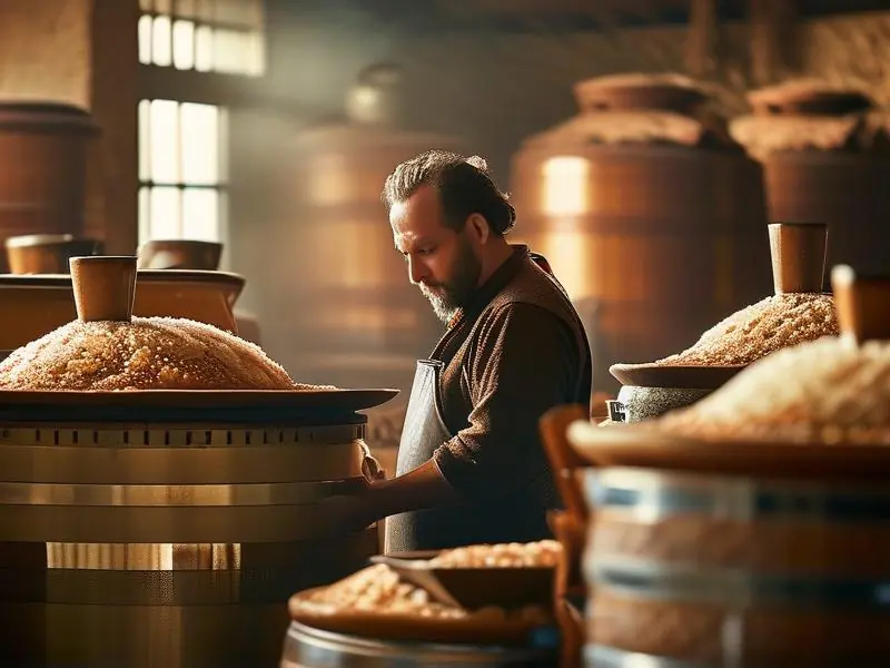 酿酒师检查大米酒醅的酿造过程