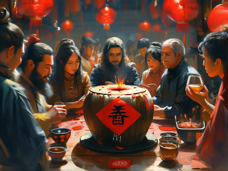 封酒仪式现场，人们围坐酒坛旁进行封坛
