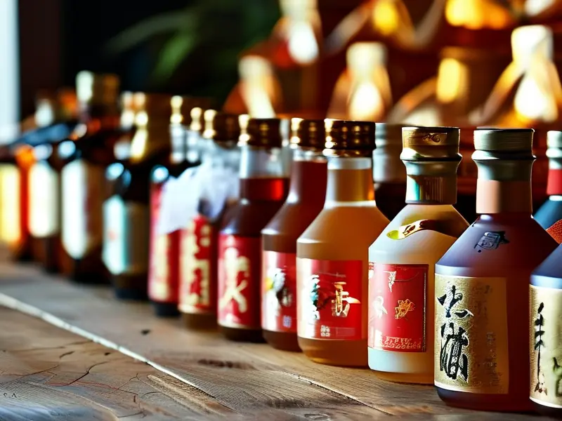 贵州酒价格展示：不同品牌和年份的贵州酒瓶排列整齐，前景有价格标签