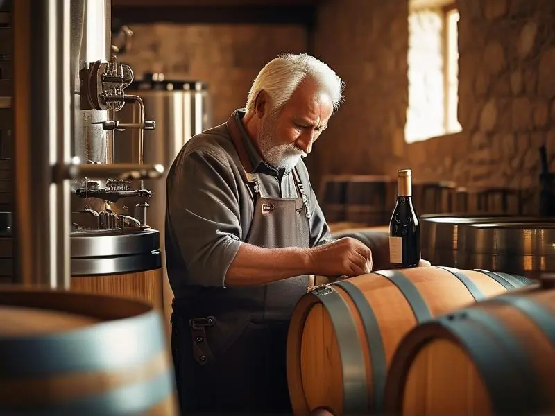 高级酿酒师在酒窖中检查酒液
