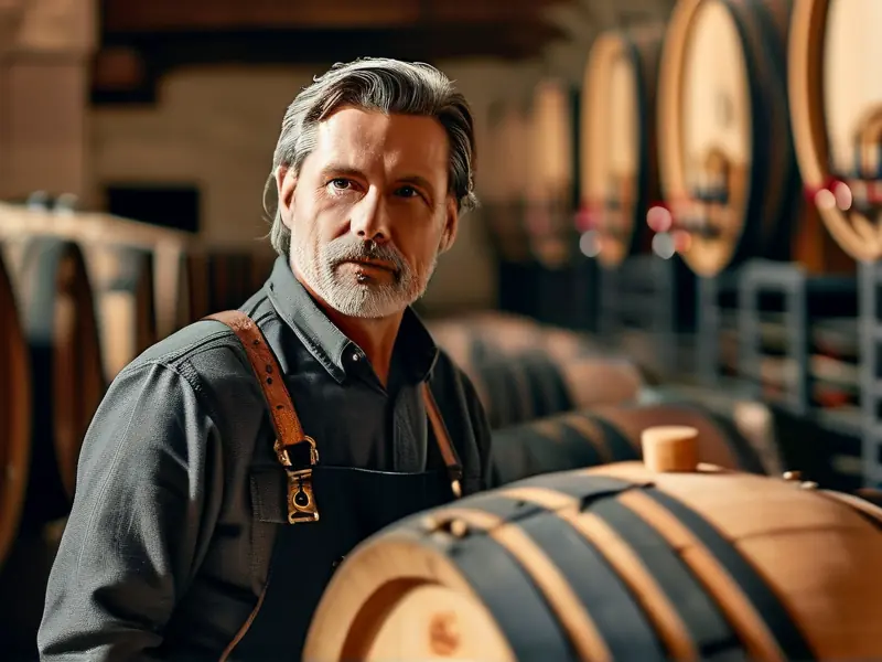 专业酿酒师检查酒窖中的酒桶