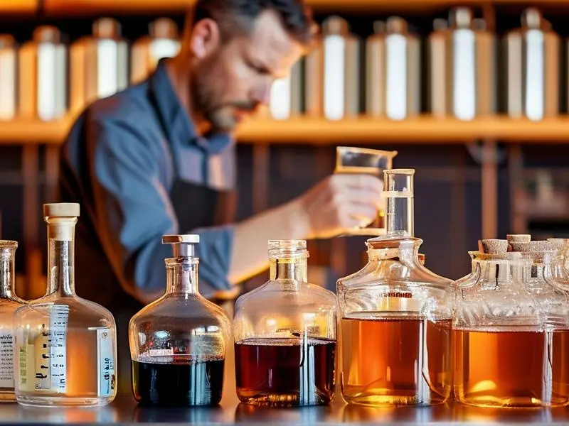 专业酿酒师进行白酒勾兑配方调试工作场景