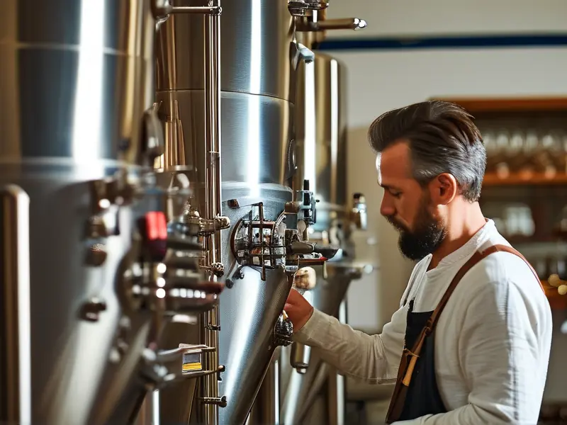 专业酿酒师检查家用不锈钢酿酒设备