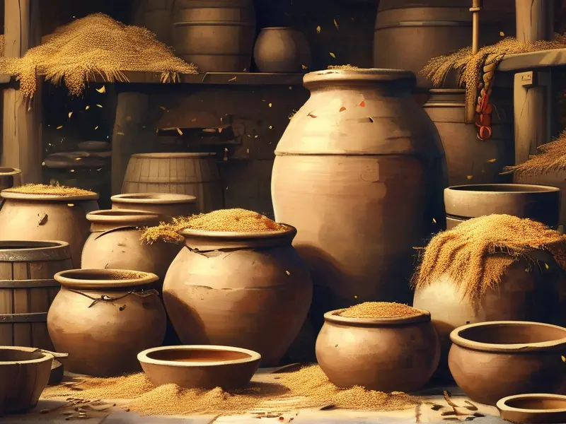 古代酿酒工匠在陶罐旁操作的传统工艺场景