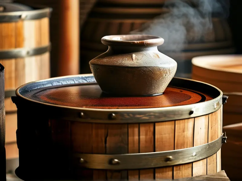 古代蒸酒场景图展示传统酿酒工艺