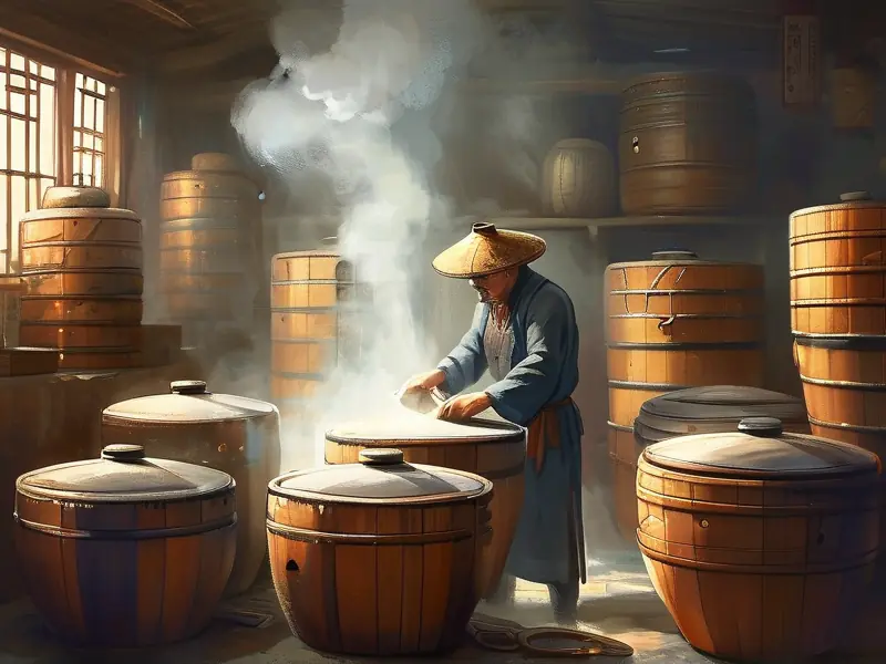 传统酿酒师使用木甑蒸馏白酒