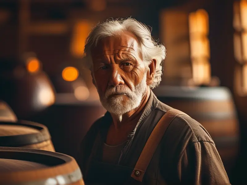 老酿酒师检查发酵缸的古法酿酒场景