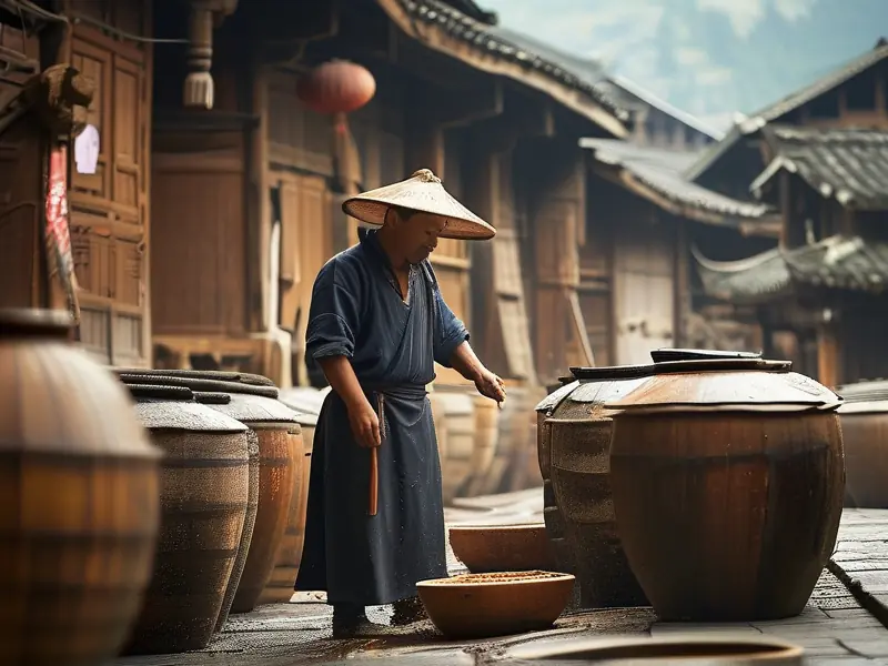 贵州民间酿酒大师在传统酿酒坊工作场景