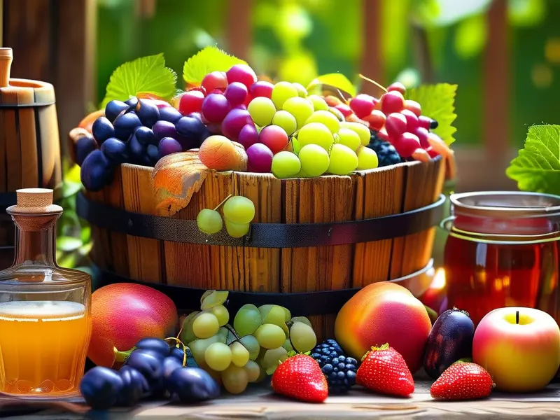 新鲜水果在木桶中发酵制作果酒的过程