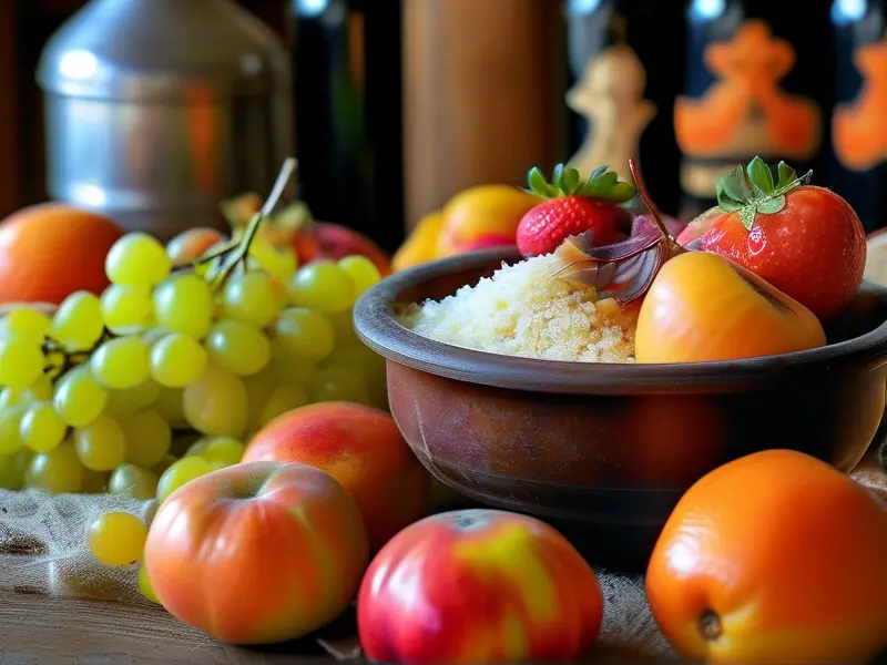 水果准备用于果酒酿造的近景图,背景可见酵母和发酵设备
