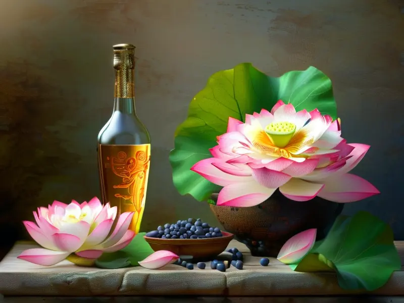 新鲜荷花与酿酒器具展示荷花酒制作过程