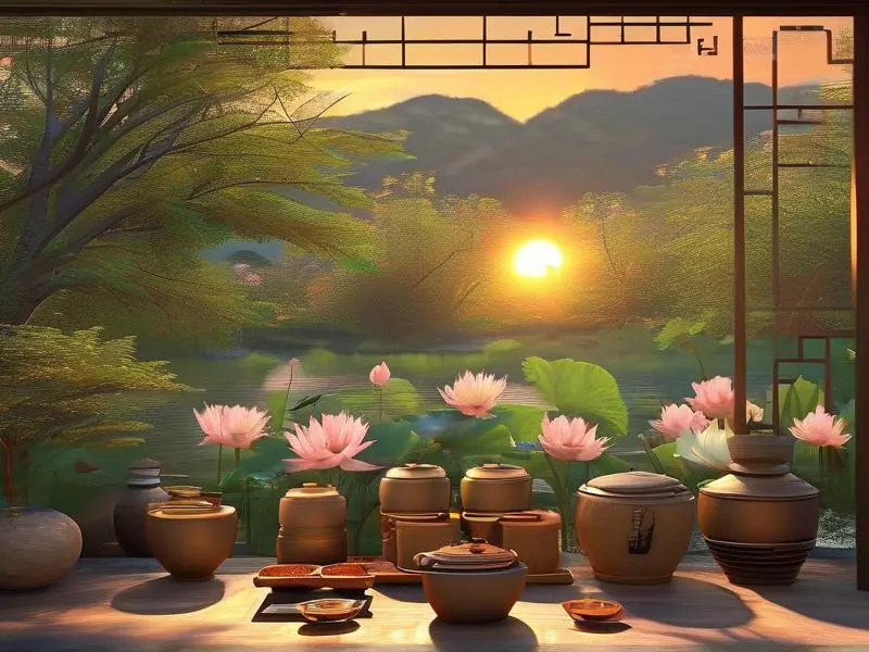 传统荷花酒酿造场景：盛开的荷花与酿酒工具