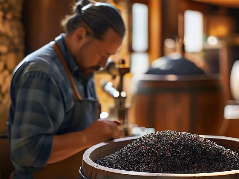 酿酒师检查黑糯米发酵过程