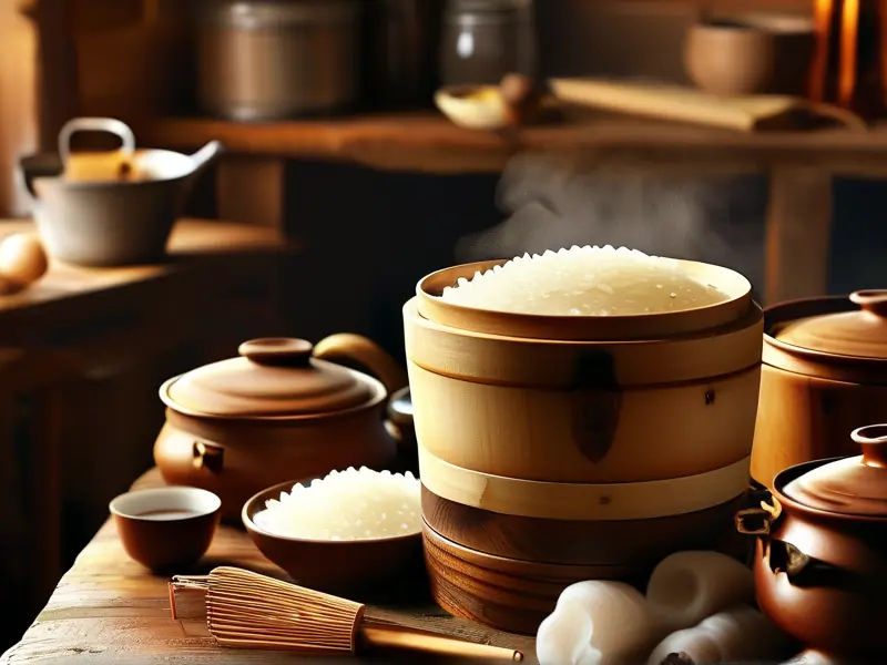 传统黑糯米酿酒过程：蒸煮黑糯米的场景
