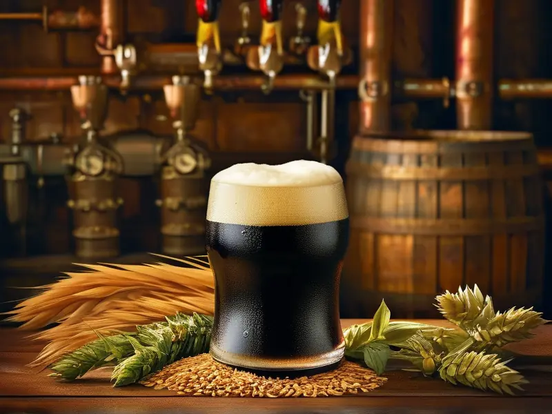 黑啤酒在玻璃杯中，配有麦芽、啤酒花和酵母等原料，背景为复古酿酒厂