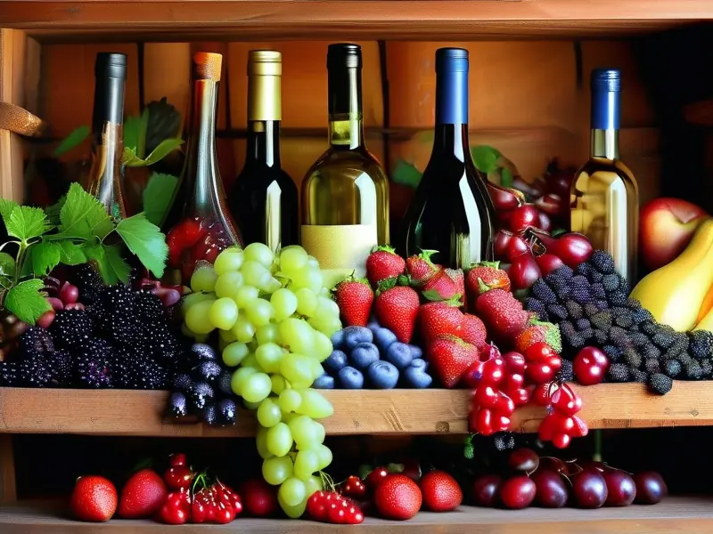 多种水果如桑葚、蓝莓和樱桃在木桶中排列，背景是红酒瓶，展示红酒的非传统酿造原料