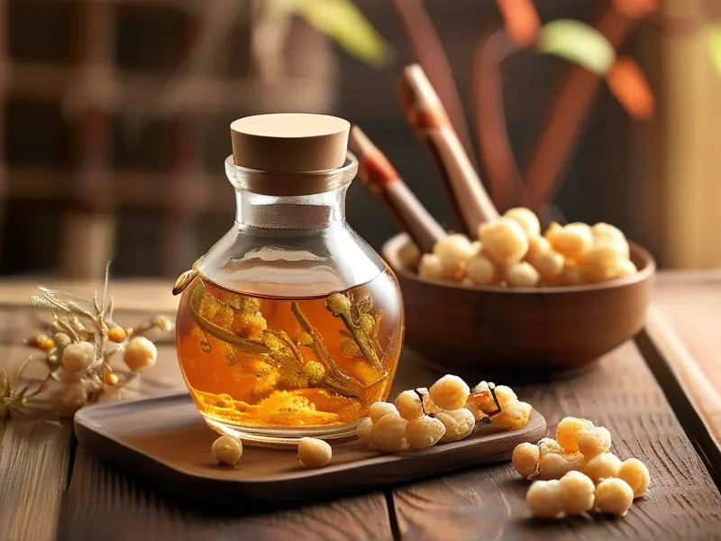 黄精泡酒成品展示，玻璃罐中金黄色酒液与黄精根和枸杞