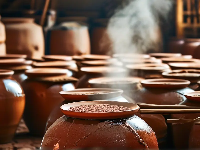 传统大曲酱酒工艺中的陶坛发酵场景