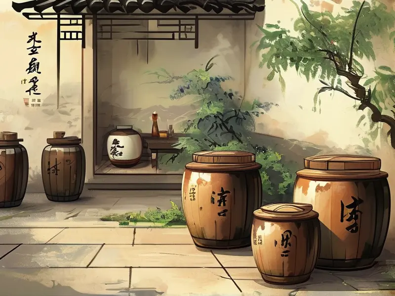 唐伯虎在江南庭院酿酒的古典场景