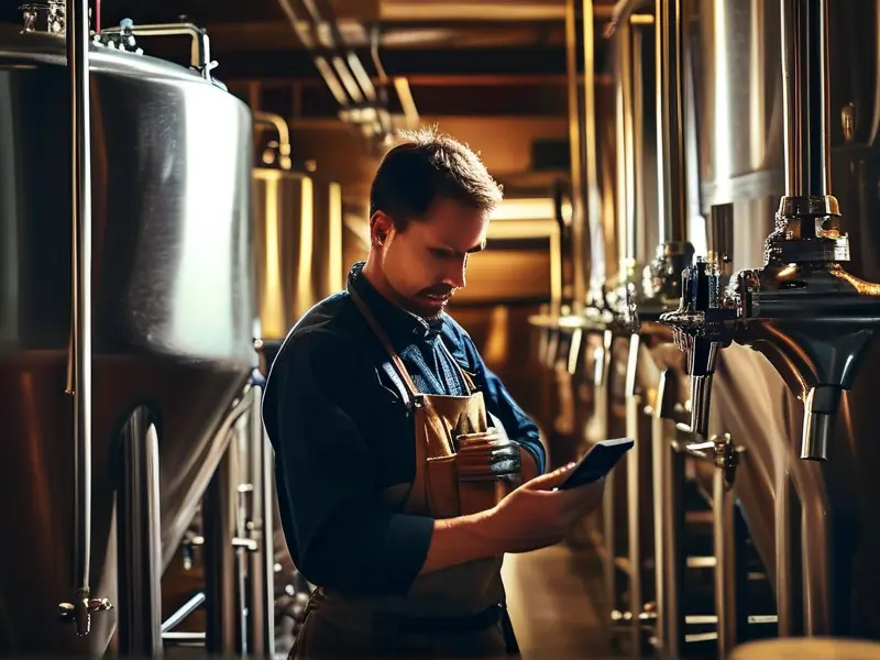 酿酒师在精酿啤酒杀菌过程中检查温度