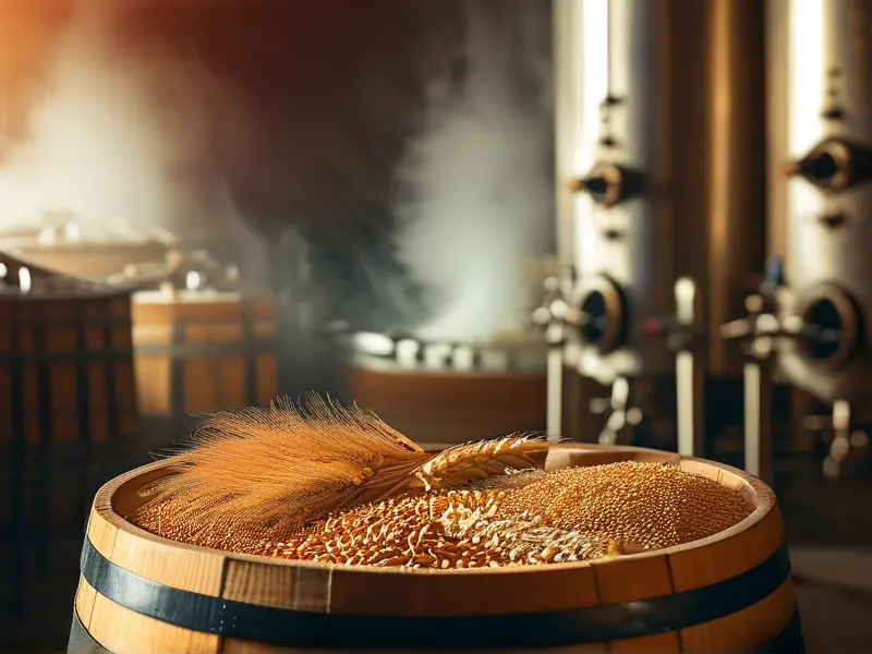传统酿酒原料与现代化蒸馏设备工作场景