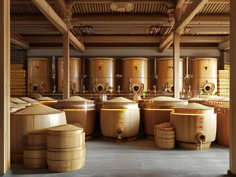 传统酿酒工艺展示：木桶和发酵缸中的谷物发酵过程