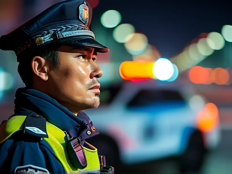 交警现场进行酒驾检测工作实拍图
