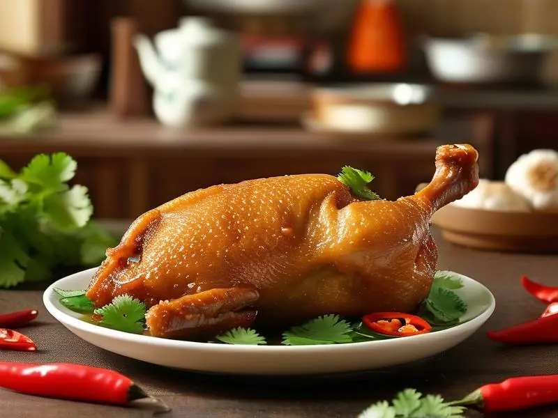 金黄酥脆的酒鸭成品图
