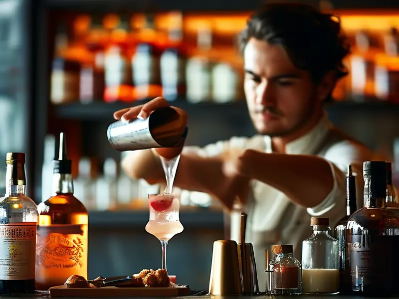 调酒师使用雪克杯调制鸡尾酒的专业场景