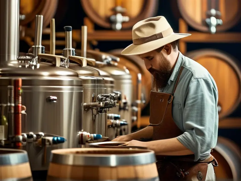 酿酒师操作烤酒设备的实景照片