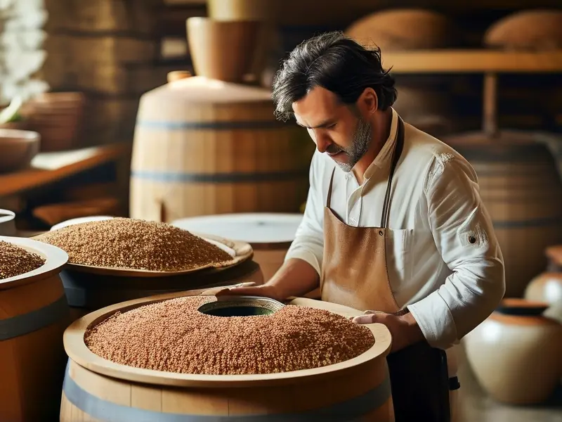 专业酿酒师检查苦荞酒发酵过程