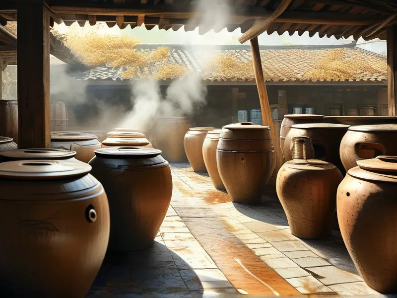 传统粮食酒制作现场展示蒸粮过程