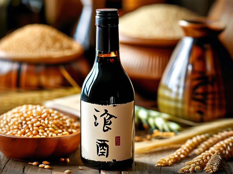 标有粮食酿酒标号的白酒瓶特写