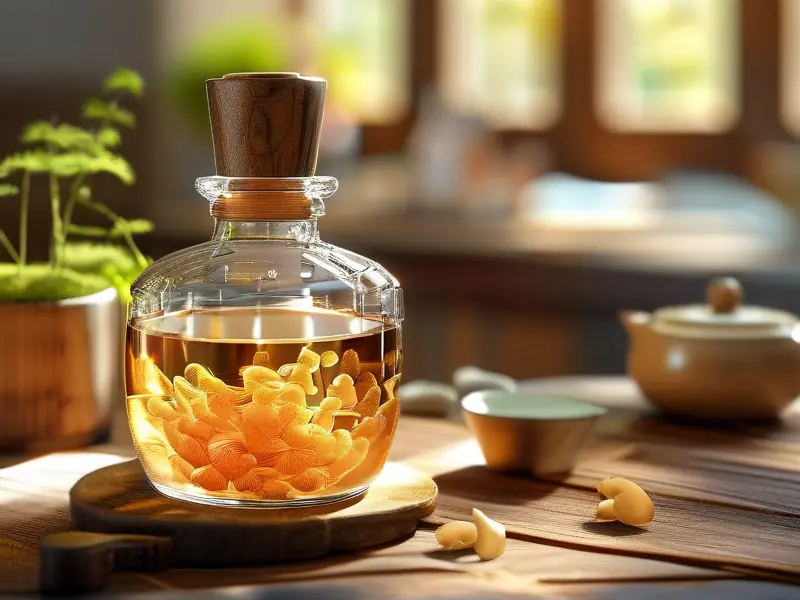 自制灵芝泡酒展示图：玻璃罐中浸泡的灵芝与琥珀色酒液