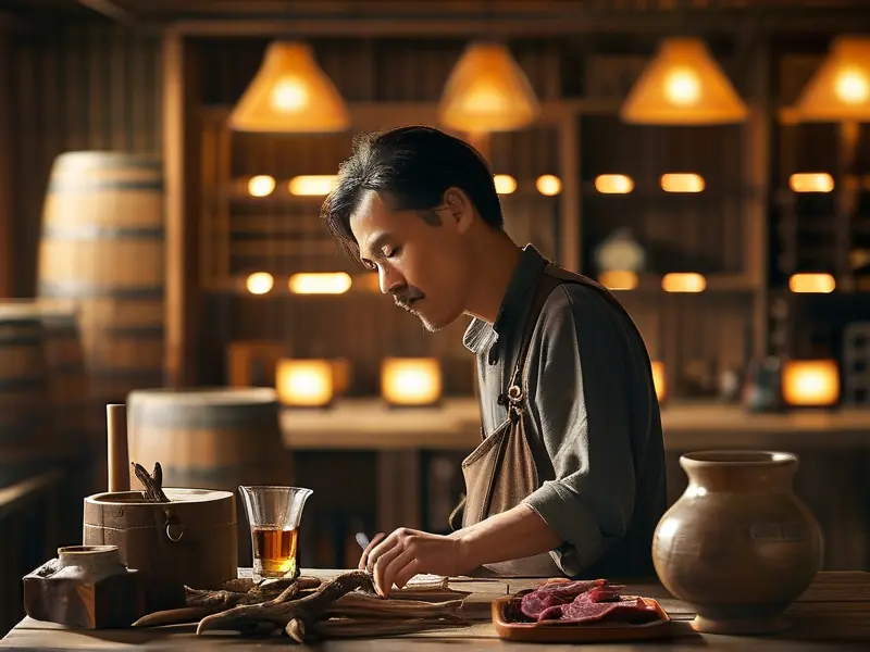 酿酒师制作鹿茸血酒的场景